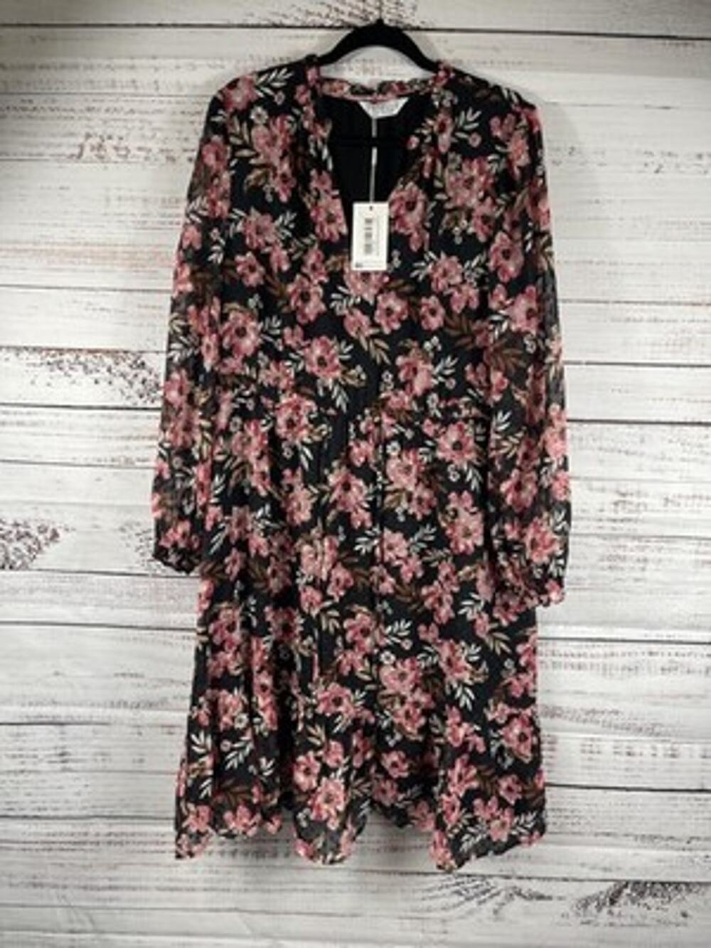 Estelle Dress Womens 2X Black Pink Woodland Floral Swing Midi Chiffon Boho